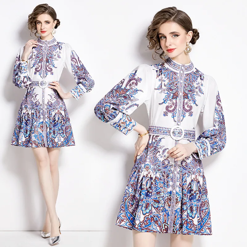 2024 Early Spring Design Sensational and Elegant Skirt Patchwork Printed Long Sleeve Slim Retro Medium Length Slim Dress