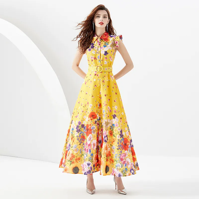 European and American retro court style niche design high-end shirt skirt sleeveless waist slimming floral large hem dress