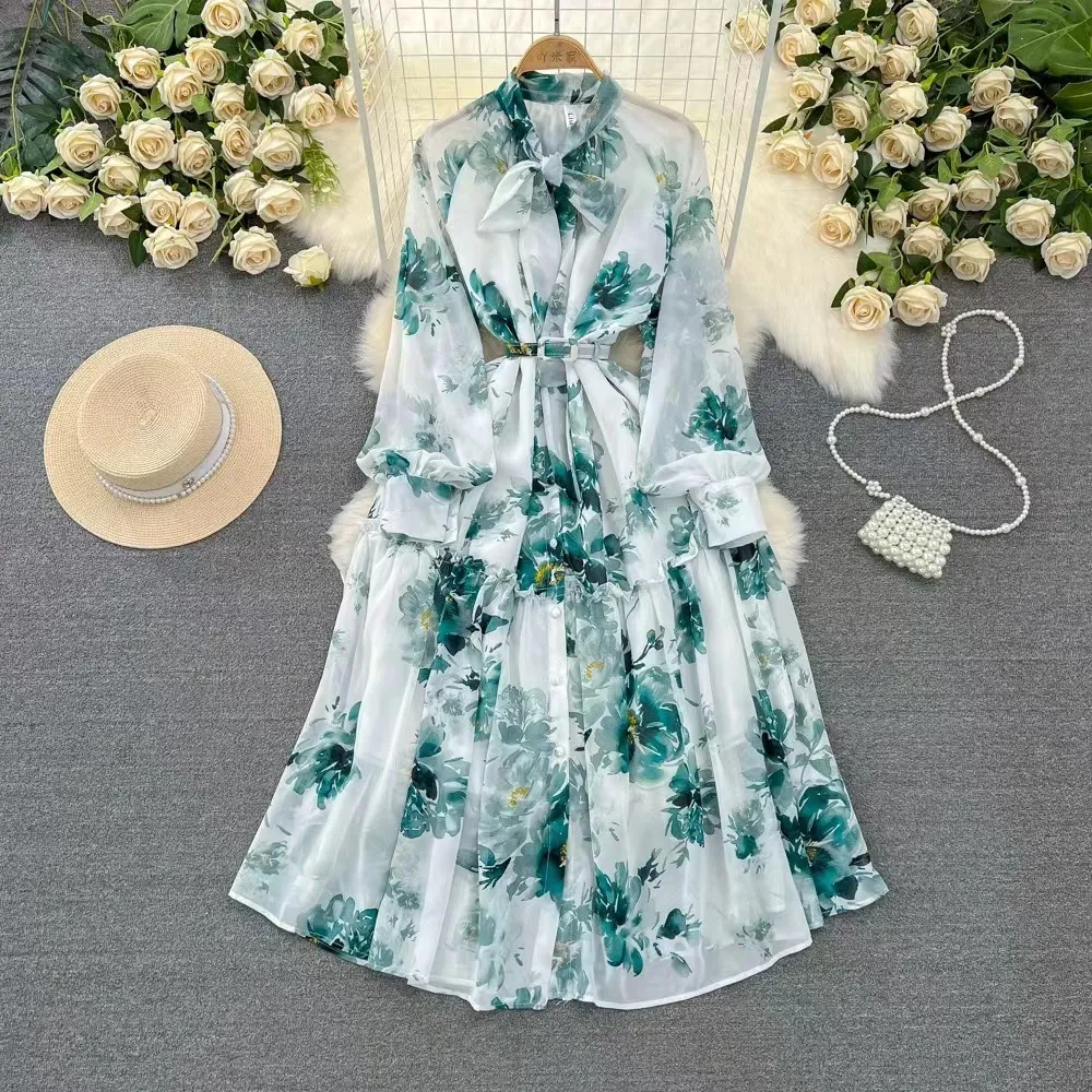 2024 Early Spring New French Style Bow Neck with Waist Closure for Slimming Mid length Retro Print Style Dress