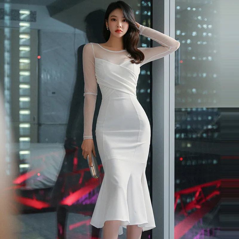 2024 Spring New Korean Style Slim Fit Mid length Spliced Mesh Fashion Fishtail Dress for Women