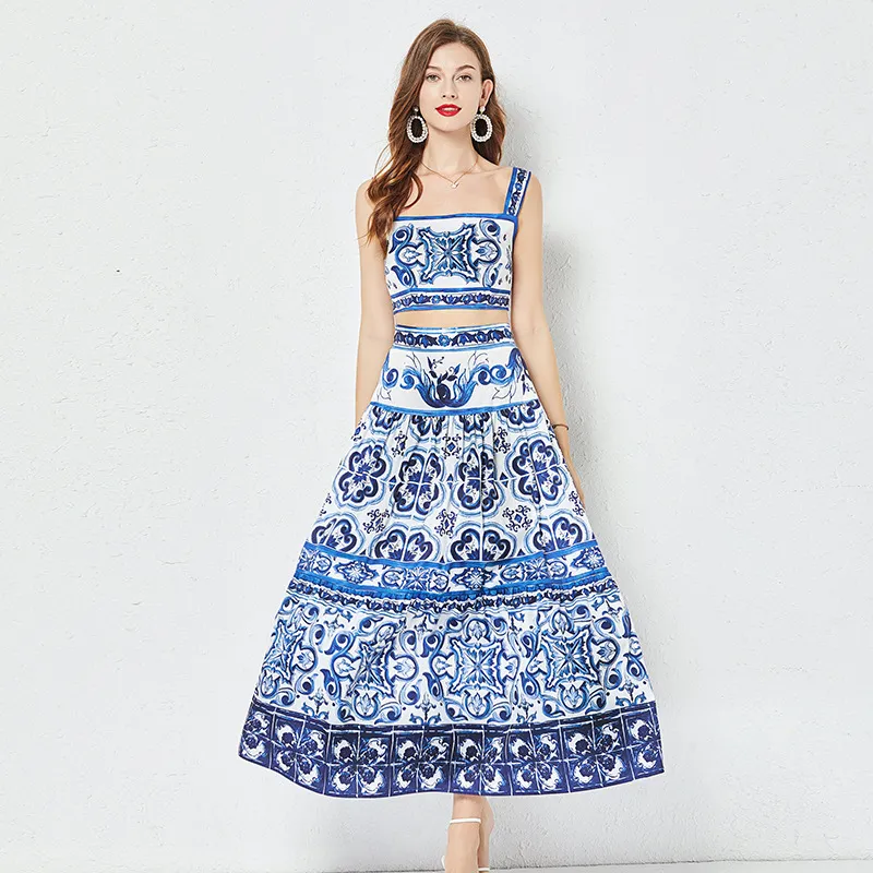 European and American style blue and white porcelain printing set for women in summer, pure desire to show waist, suspender vest+high waisted mid length skirt