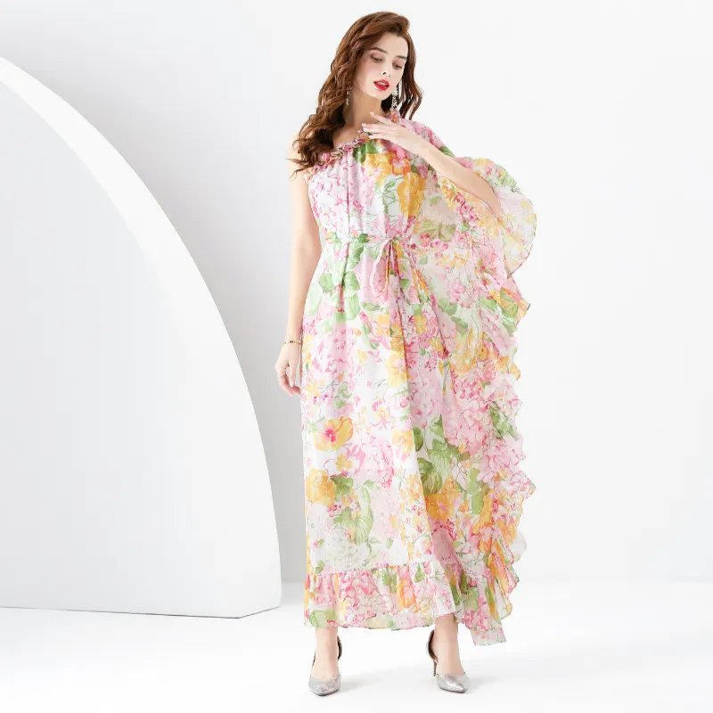 Design inspired floral series vacation style single shoulder wooden ear strap long wide swing printed fairy air slimming dress