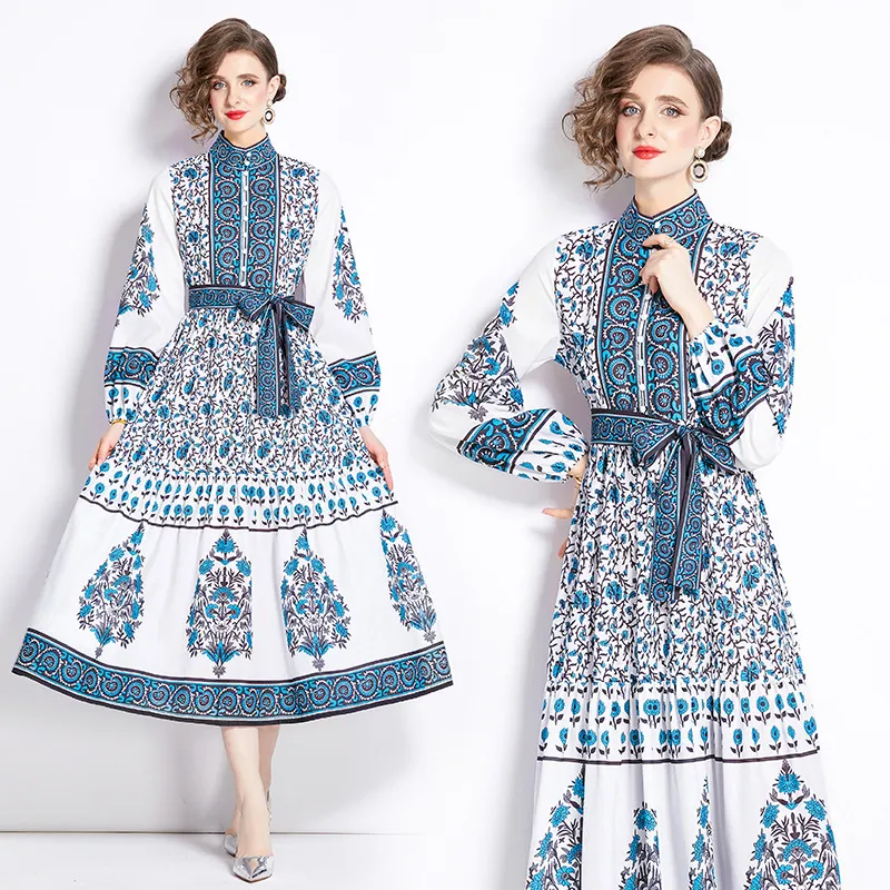 2024 Gentle French Palace Style Retro Sweet Slimming Print Temperament Large Swing Dress for Women