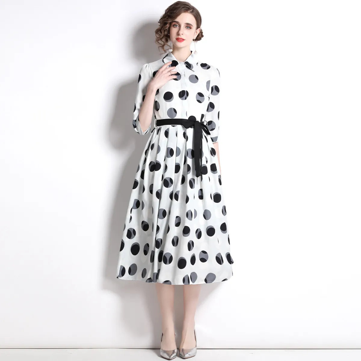 French style waist up slimming Hepburn style long skirt, summer new high-end polo collar, 5/4 sleeve shirt, dress trend