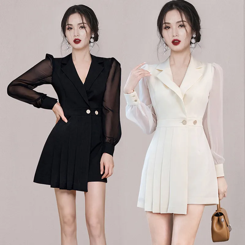 2024 Spring Korean Style New Slim Fit Suit Collar Collar with Waist Folding and Hip Wrapping Fashion Dress