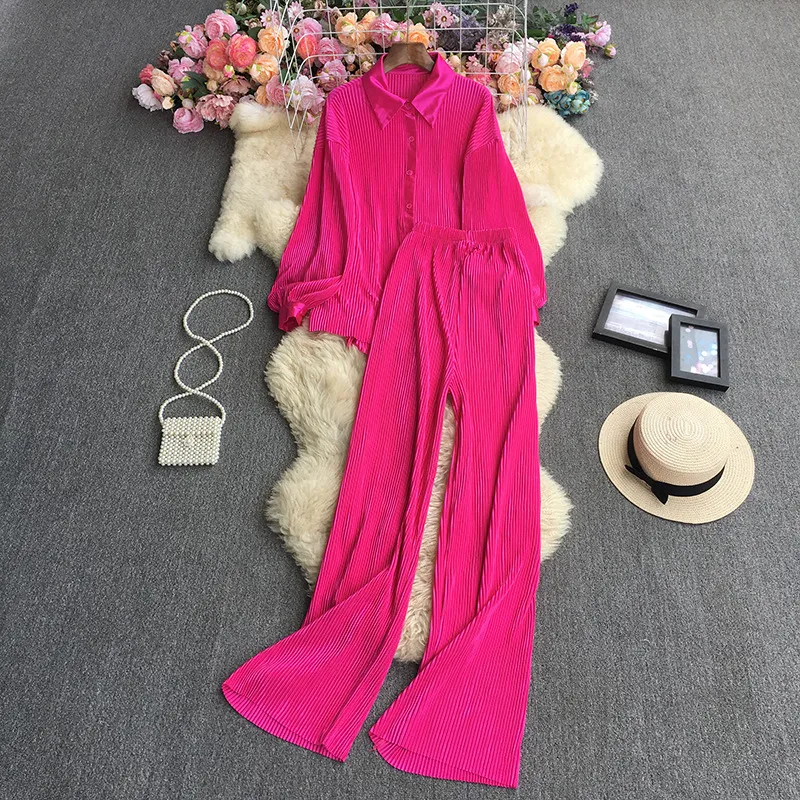 2023 New European and American Instagram Fashion Candy Color Loose Folded Shirt+Elastic Pants Set Weight 540g