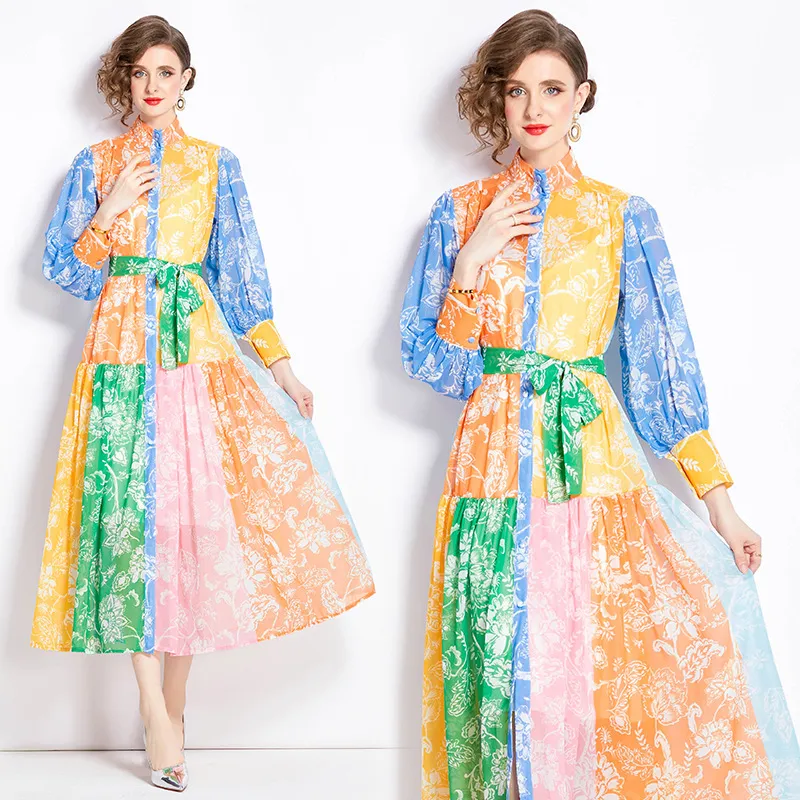 2024 Spring/Summer French Palace Style Contrast Colored Ethnic Style Retro Standing Neck Lantern Sleeves Printed Dress