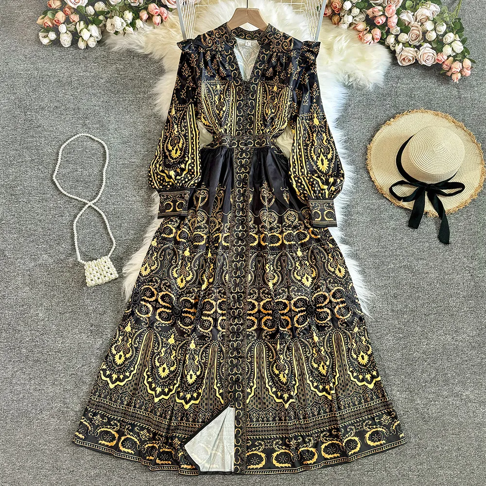 2023 Spring Fashion New Vacation Style V-neck Bubble Sleeves Printed Dress Women's French Retro Big Swing Over Knee Long Dress