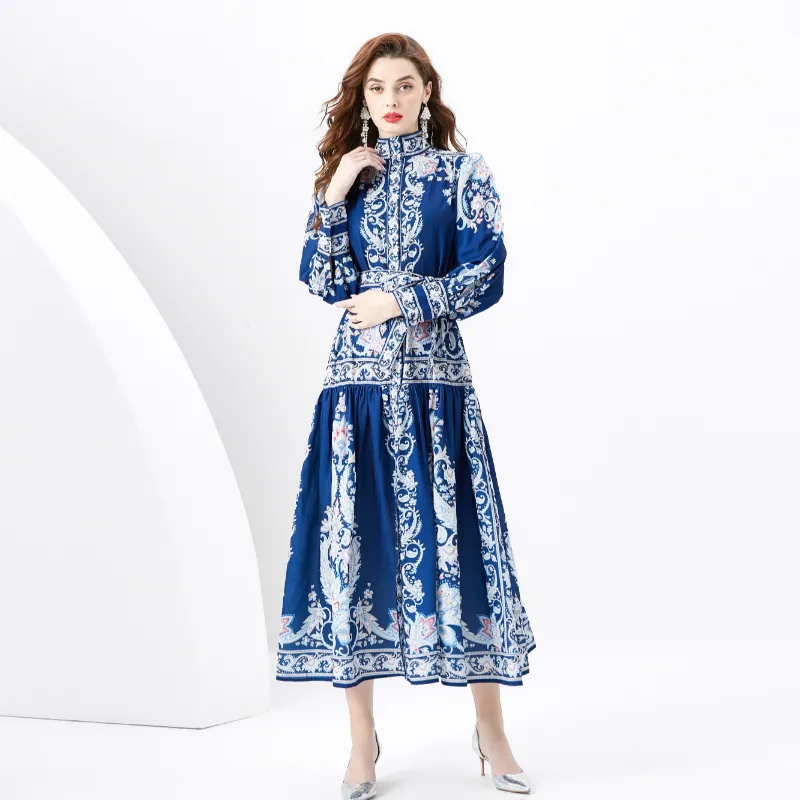 European and American fashion palace style standing collar lantern sleeves with long wavy edges design for a slimming retro printed dress
