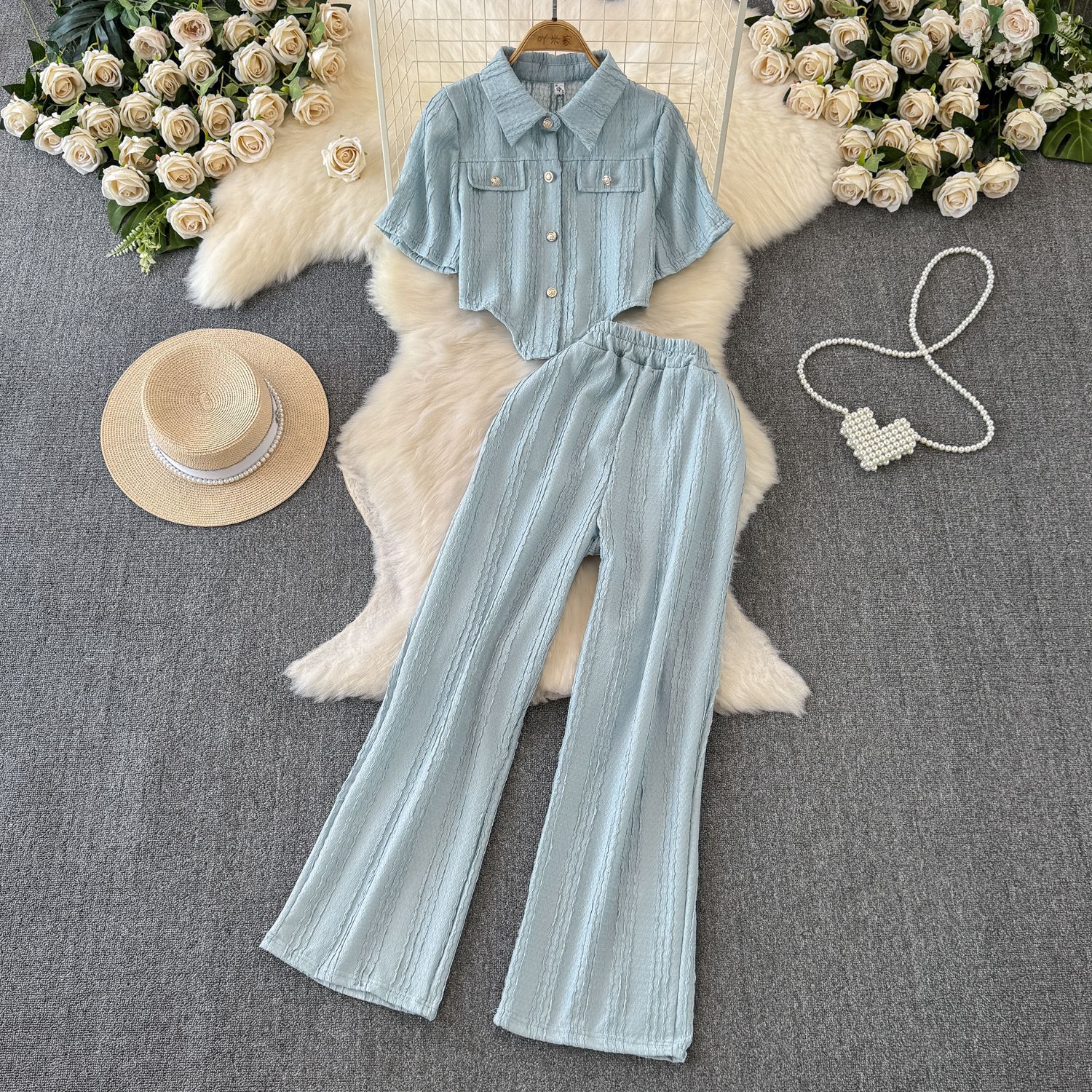 High end Spring/Summer Women's New Casual Wide Legged Pants+Western Style Slim Fit Single breasted Top Two piece Fashion Set