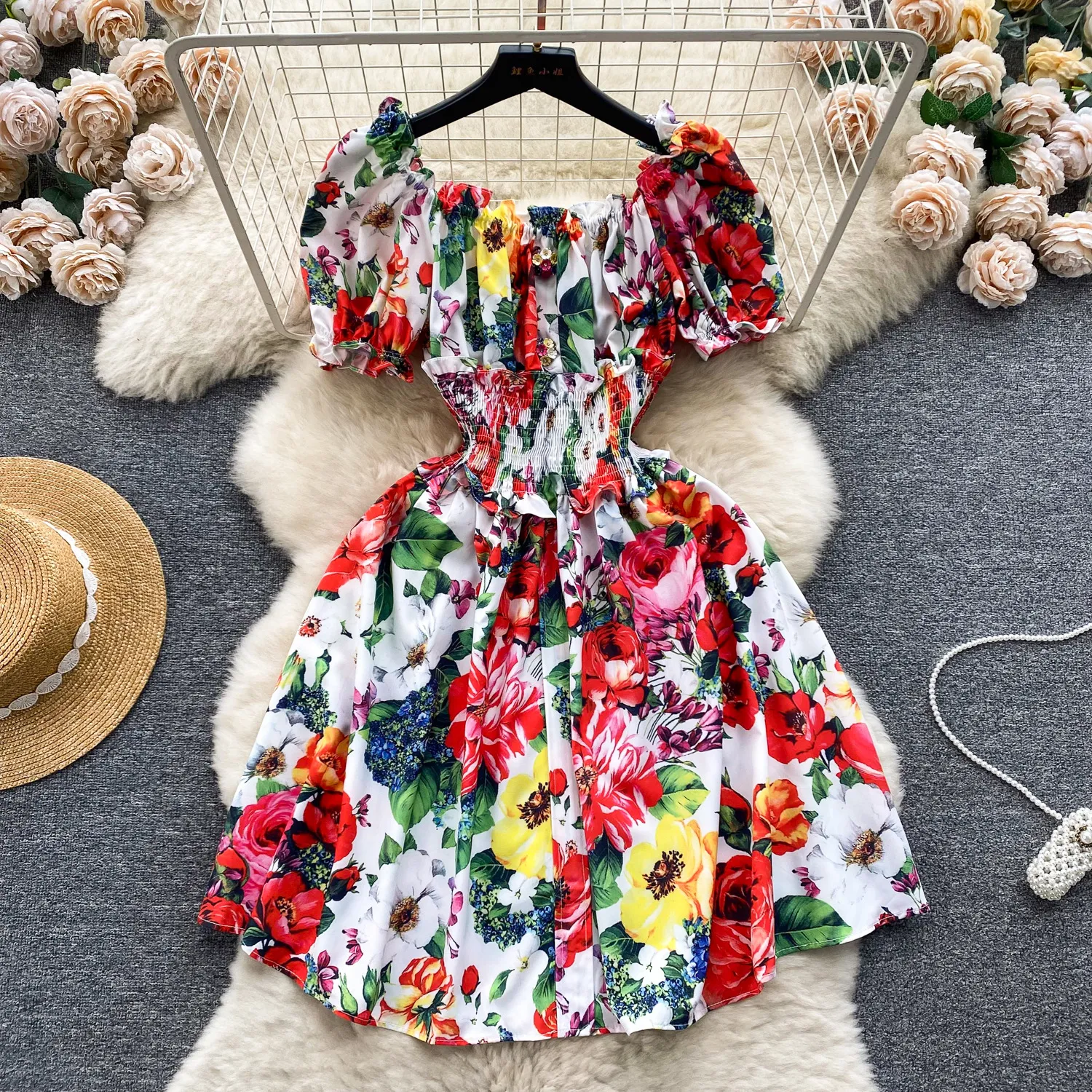 Early spring dress for women with sweet wooden ear edge, one line collar, off the shoulder, age reducing French bubble sleeve print, holiday dress trend