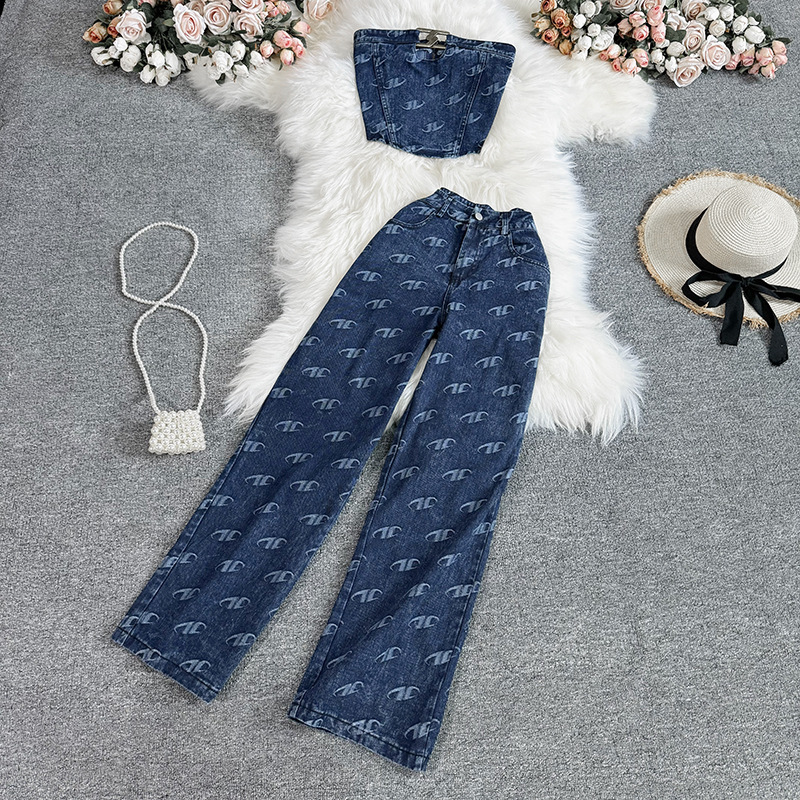 Fashionable set for women with retro American style, strapless denim vest, two-piece set for casual high waisted slim straight pants