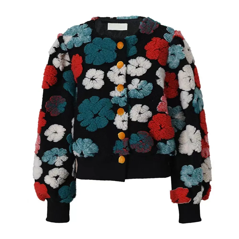 2022 Autumn/Winter New French Retro 3D Flower Style Slim Fit Single breasted Cardigan Short Coat Women's Instagram Trend