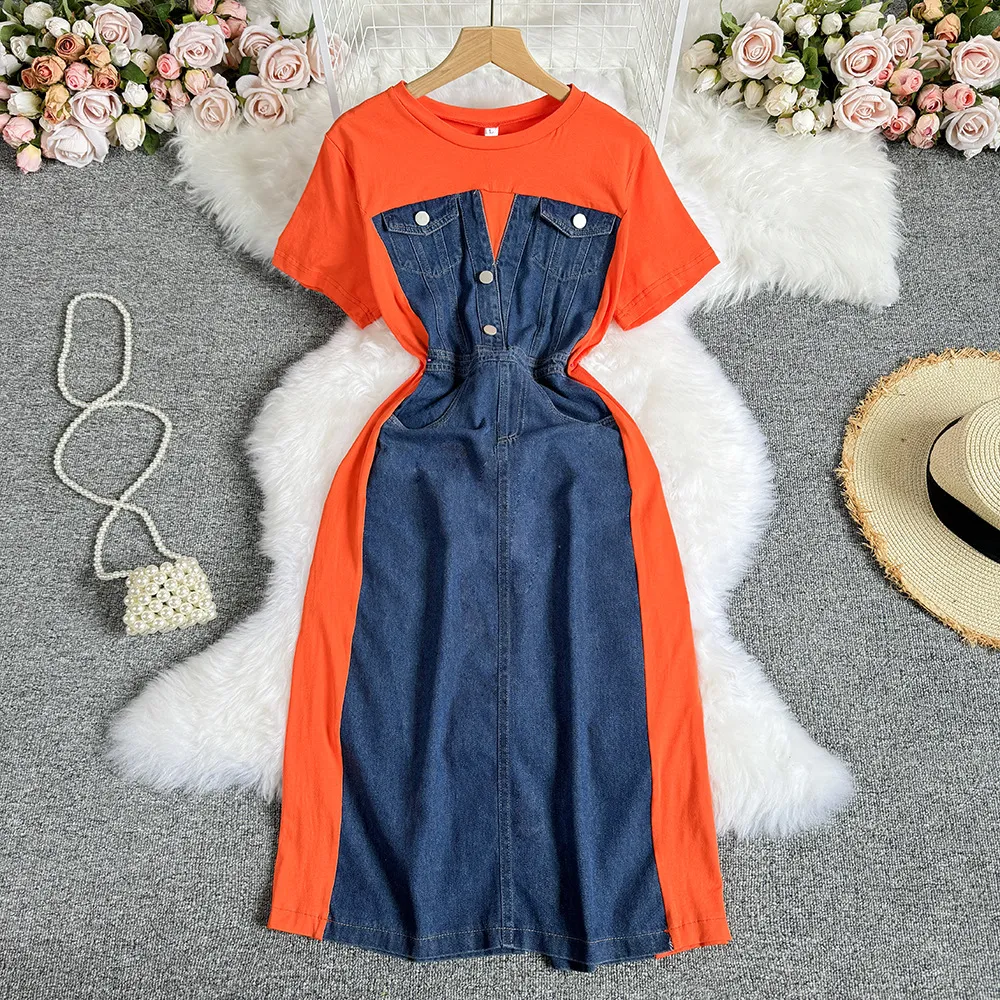 2024 Summer New Style with Two Pieces of Spliced Round Neck Contrast Short Sleeve Denim Dress for Women's Waist Reduction and Slimming One Step Skirt