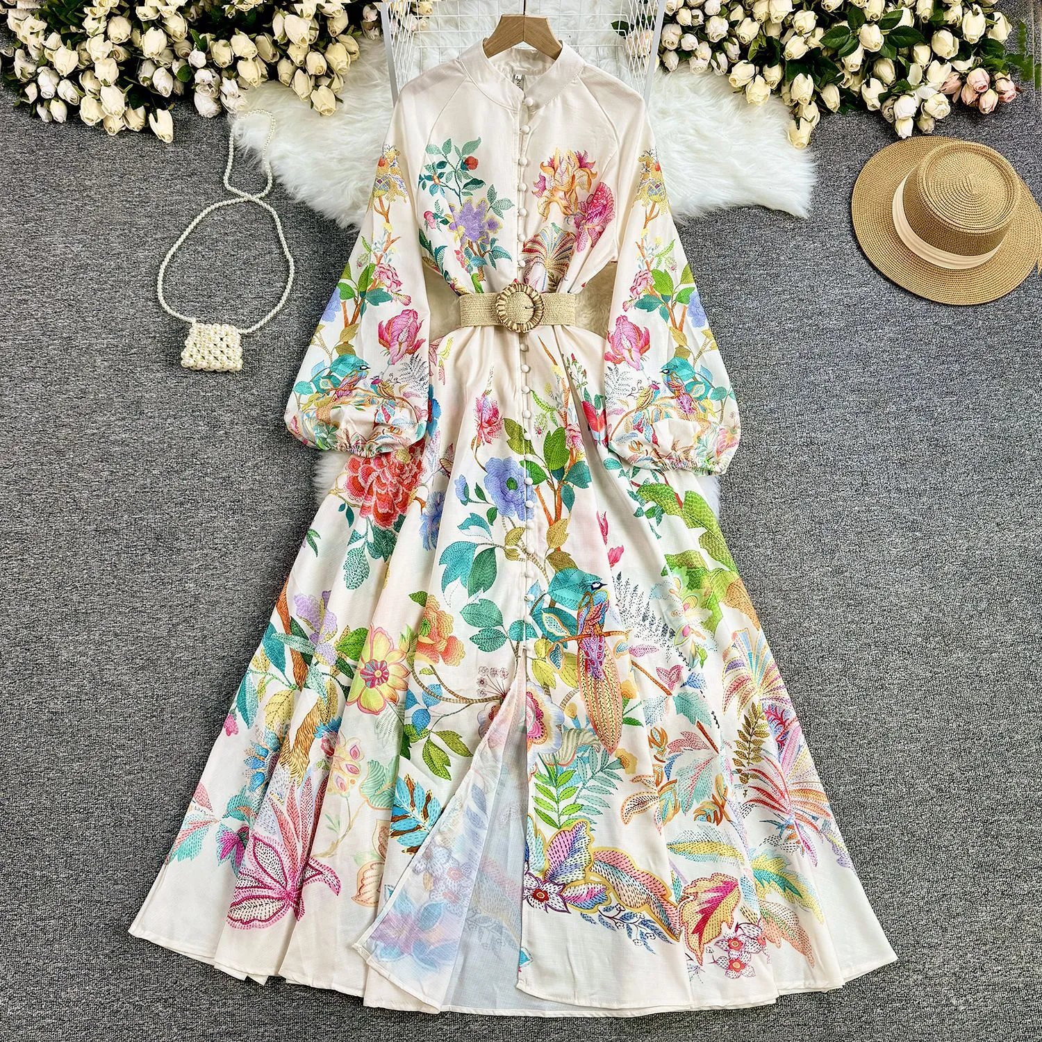 2024 early spring new niche elegant printed buttoned slim fit long French style bubble sleeve dress temperament dress