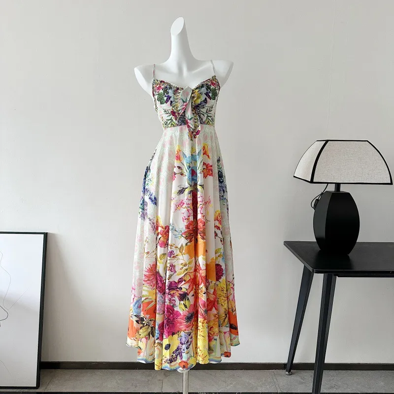 Colorful floral suspender strap high waisted vacation dress long skirt