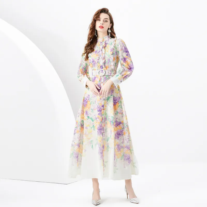Fanhua series sweet ear edging slim fit design with printed long French dress, holiday style and temperament dress