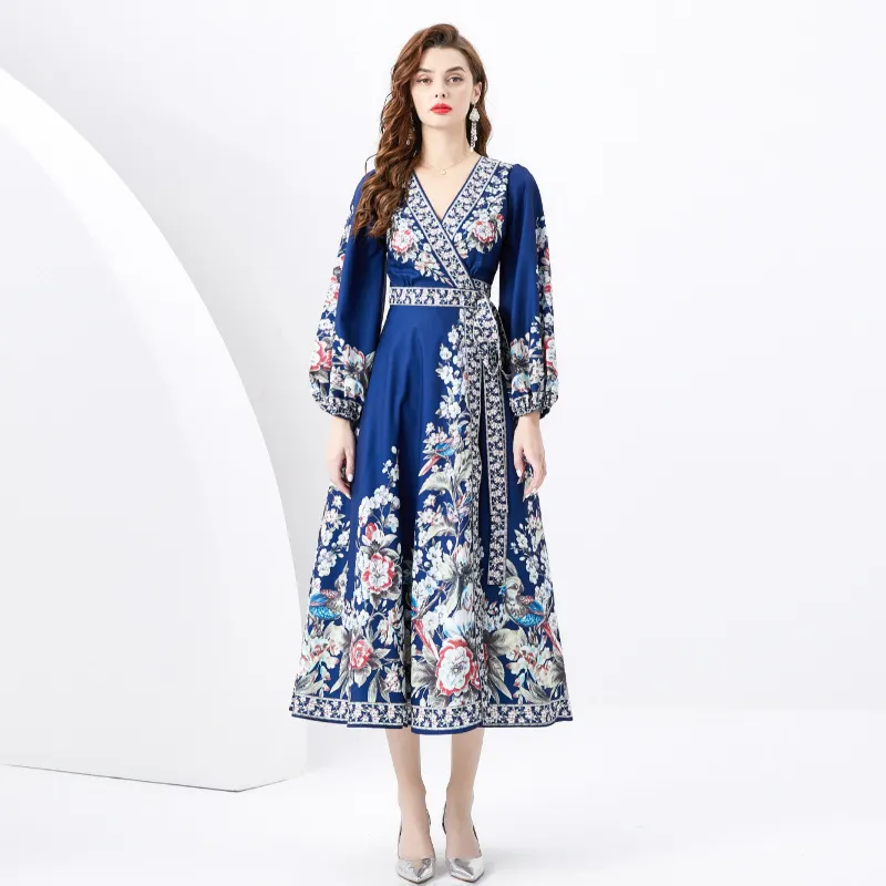 French court style fake wrap around style V-neck lantern sleeve long design with printed slimming dress