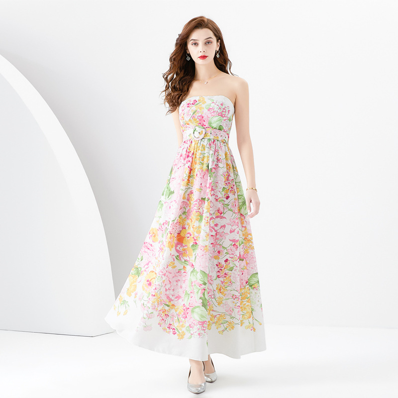 Fanhua series strapless dress, high-end, light luxury, niche, high-end feeling, printed slim fit long version, suspender vacation dress