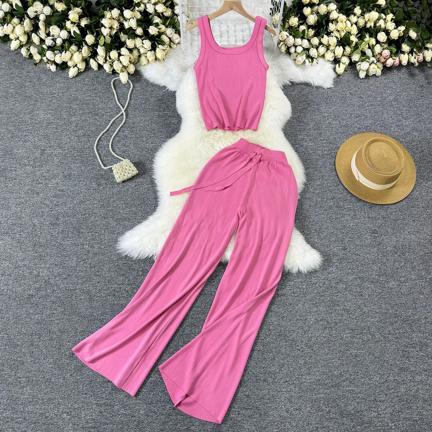 2024 Summer New Korean Casual Style Sleeveless Tank Top Straight Tube Wide Leg Long Pants Ice Silk Knitted Set for Women
