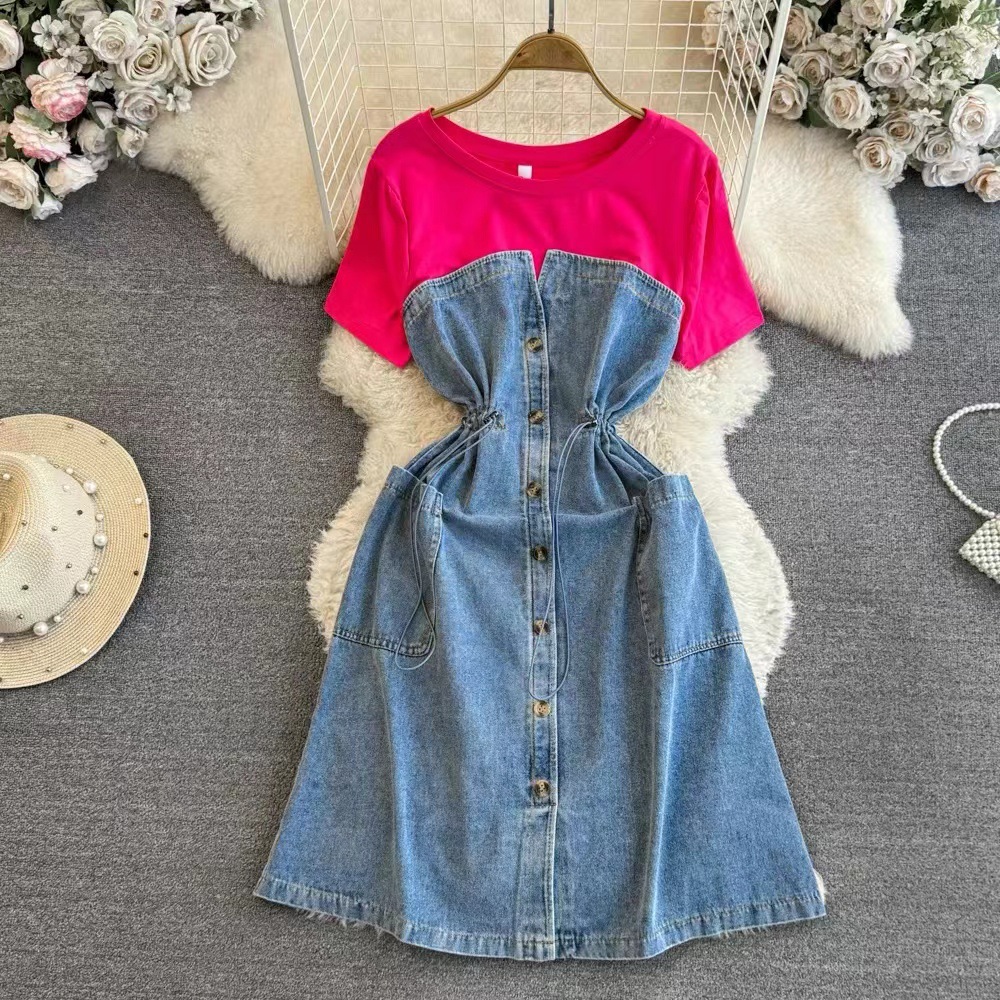 Korean version of temperament and age reducing vacation two-piece dress for women's French high-end round neck short sleeved patchwork waistband denim long skirt