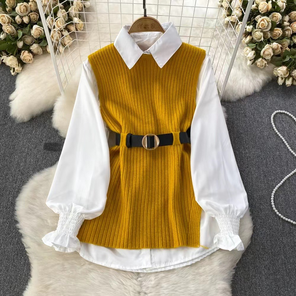 Light luxury socialite set, women's loose fitting long sleeved white shirt top+split knit vest vest vest two-piece set, 0.4kg