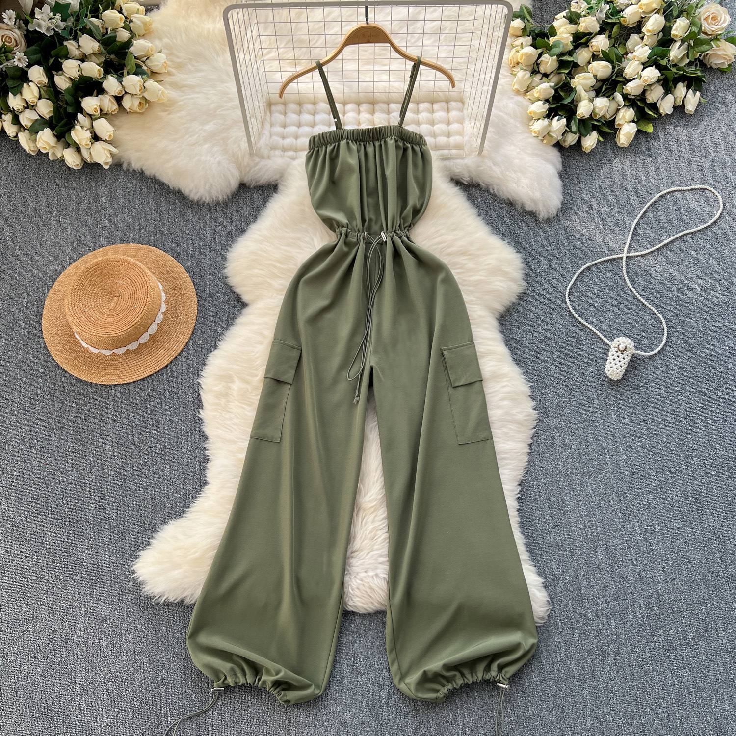 Korean style outfit with reduced age college style suspender jumpsuit for women's retro work clothes, large pocket slim fit long wide leg pants