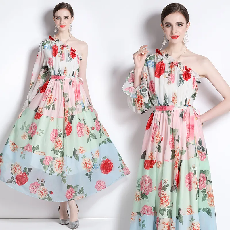 2024 New Chiffon Sweet Flower Skew Shoulder Beach Skirt for Beach Vacation Super Immortal Long Dress