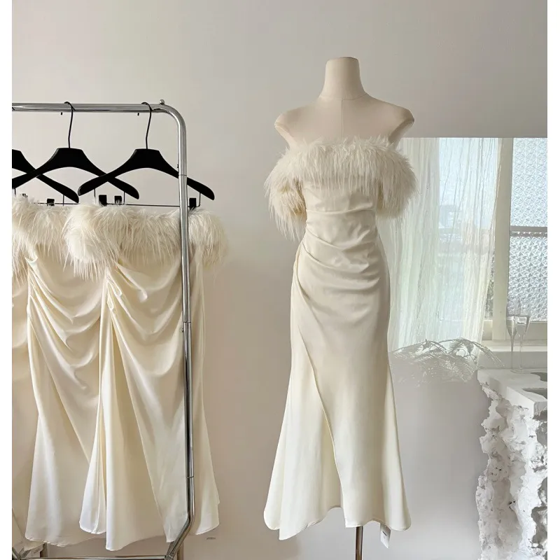 Ball white one shoulder dress shows off body shape, slim fit, strapless back strap, fur patchwork fishtail skirt
