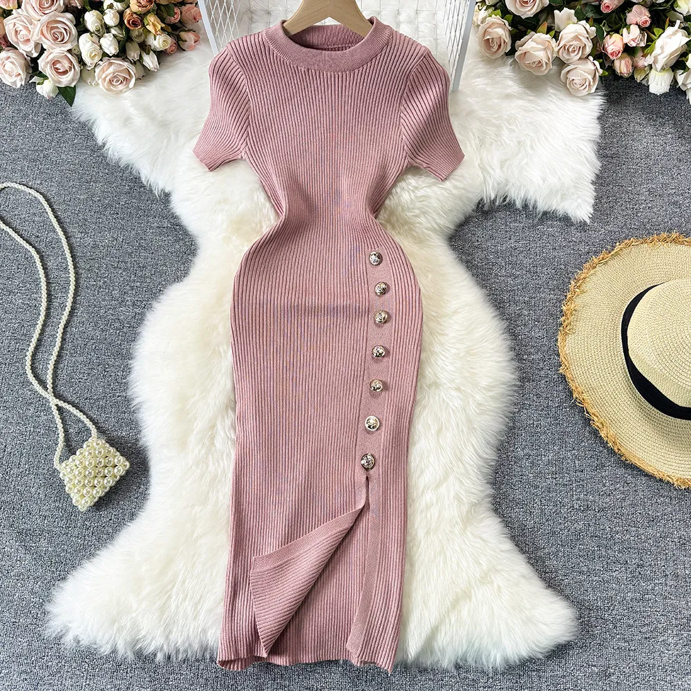 2020 Popular Women's Wear New Korean Edition Simple Solid Color Button Slim Fit Short Sleeve Knitted Split Hip Wrap Dress