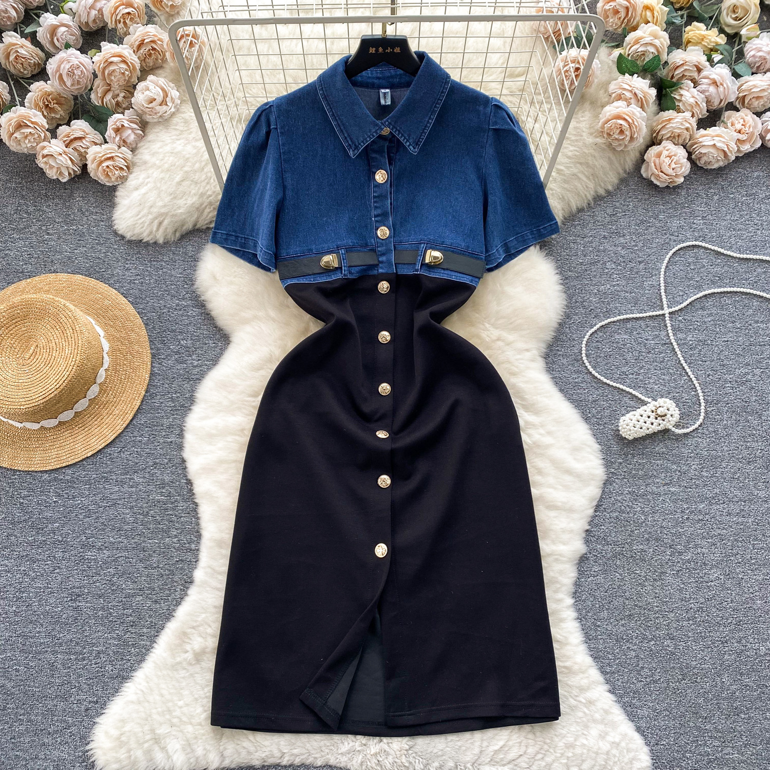 Early Spring Korean Style Dressing Design Fake Two Denim Short Sleeves Contrast Colored Paired Buckle Mid length Elegant Dress