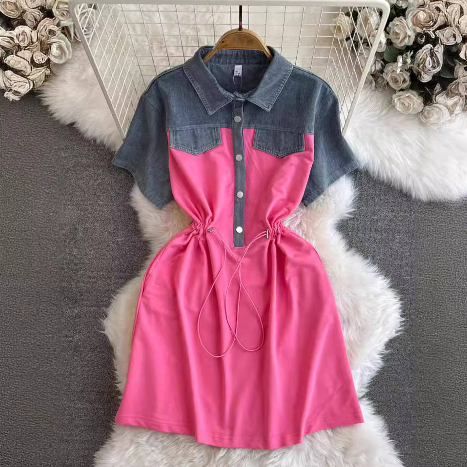 Korean style fashion design with a fake look. Two pieces of denim shirts with short sleeves and patchwork drawstring waist closure. Short age reducing dress for women