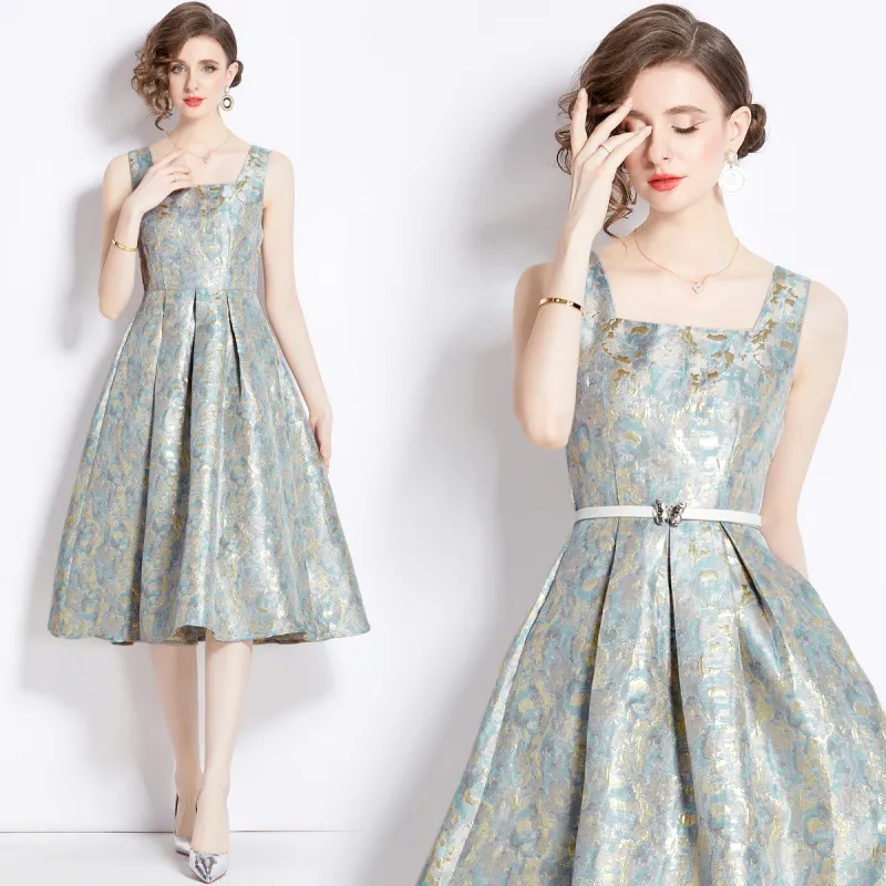 2024 Early Spring New French Elegant Jacquard Square Neck Sleeveless Exquisite Texture Dress Comes with Butterfly Belt