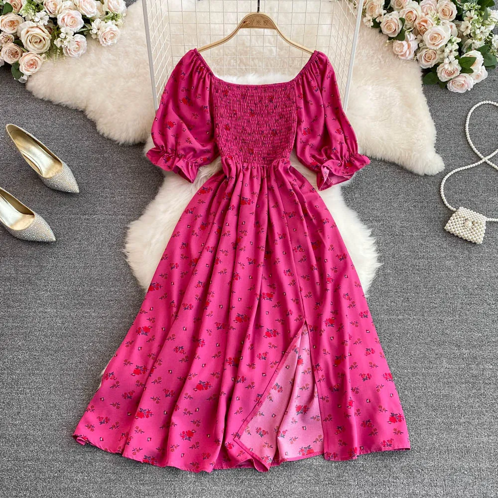 2023 Summer New French Gentle Style Sweet Square Neck Bubble Short Sleeves Wrapped Waist Slim Open A-line Dress