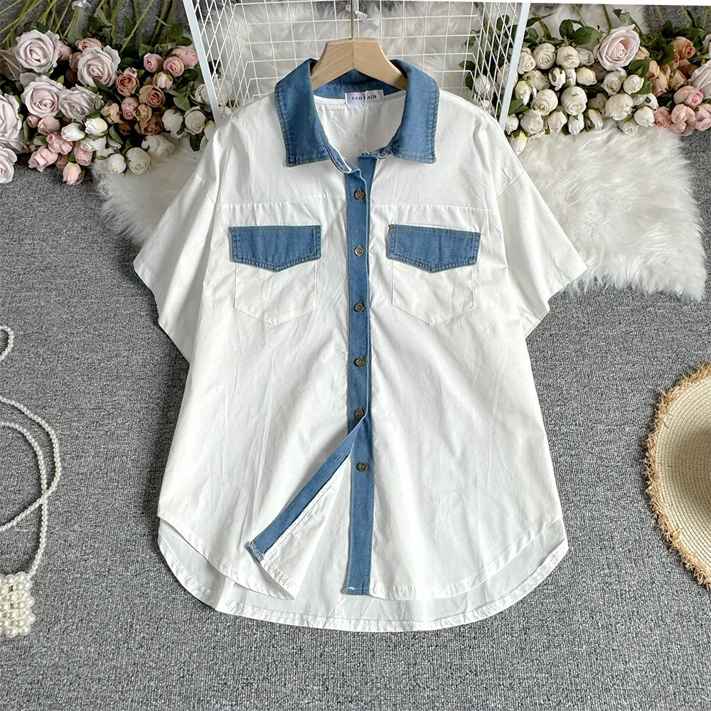 2024 Summer New Korean Loose Denim Panel Color Contrast Mid length Short sleeved Shirt Women's Fashion Casual Top