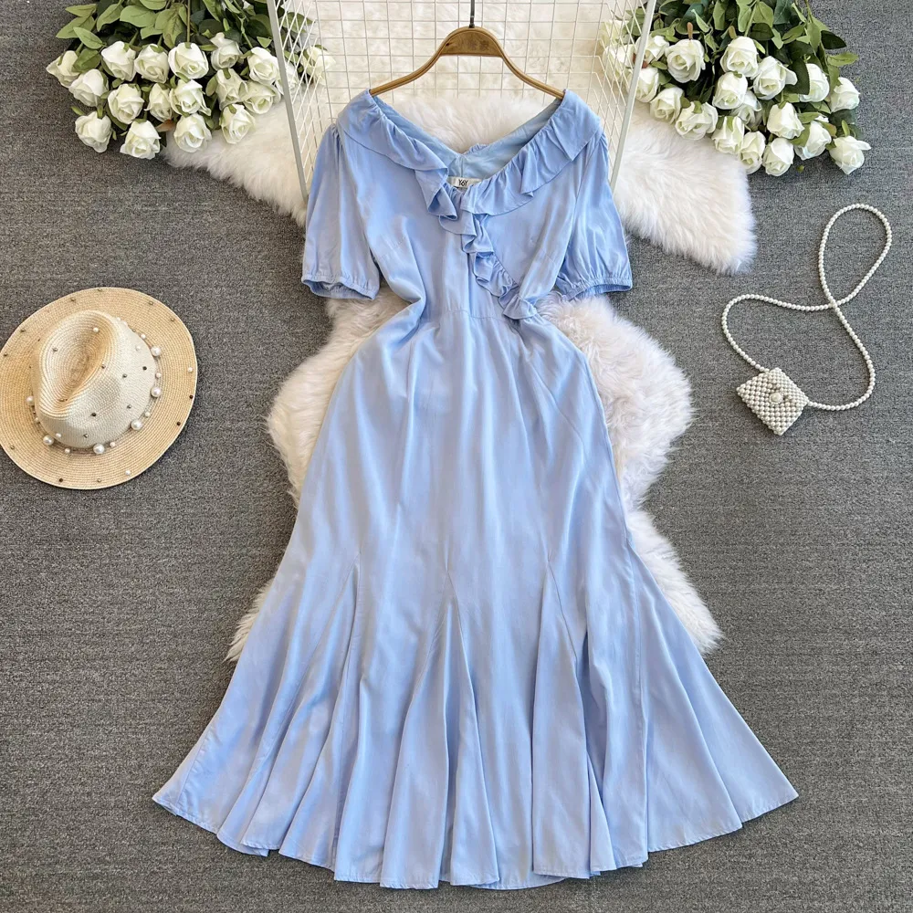 Fashionable fishtail long dress for women in the summer of 2024, new waistband slimming and first love temperament gentle style short sleeved dress