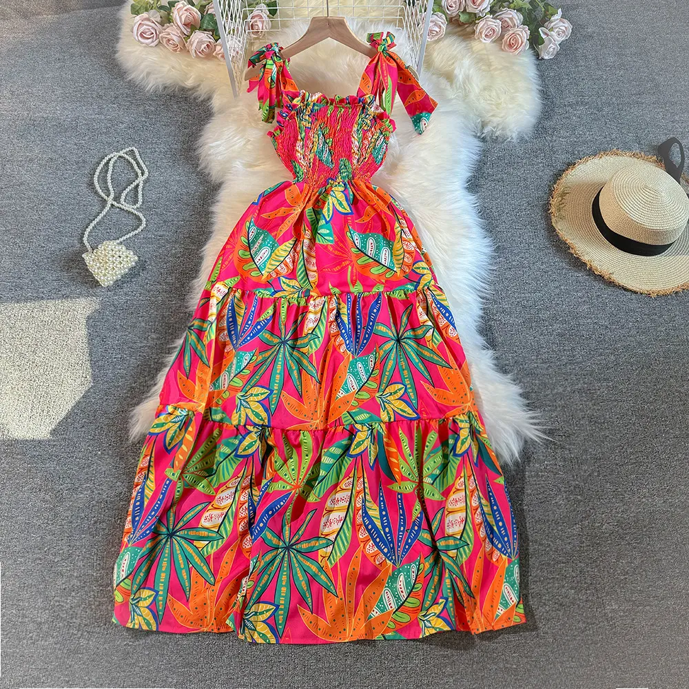 Hainan Sanya Tourism Holiday Skirt Summer New Top Tie Off Shoulder Waist Large hem Printed Dress for Women