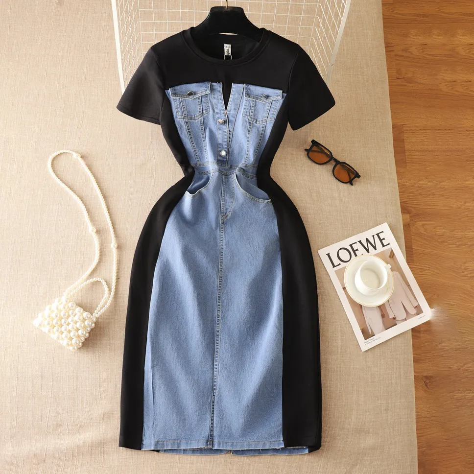 2023 Internet celebrity new niche round neck short sleeved patchwork denim dress for women with a high-end feel, waist up fake two piece long skirt