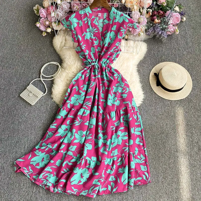 French sweet and gentle V-neck floral chiffon dress for women with summer waist closure, slimming temperament, holiday style fairy dress