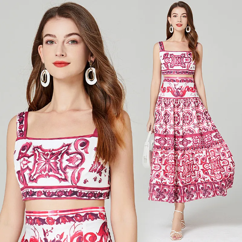 European and American vacation style blue and white porcelain print with exposed navel strap small vest+high waisted skirt with large swing skirt two-piece set