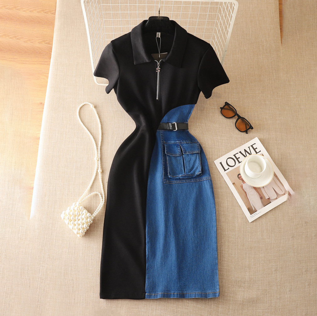 Chic Hong Kong style retro denim skirt for women with contrasting color patchwork and slim fit, short sleeved and elegant dress