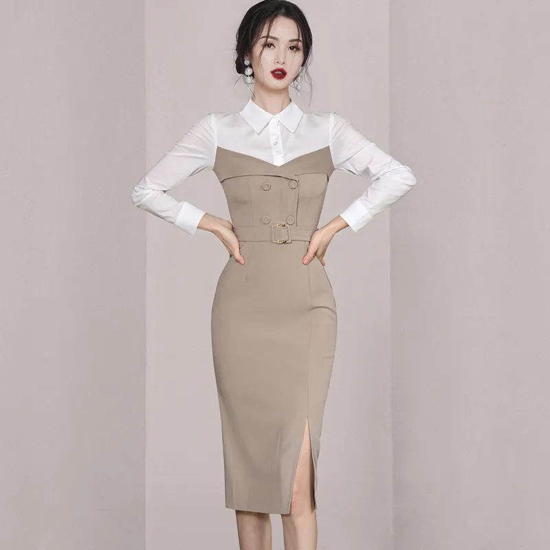 2024 Spring New Korean Style Style Shirt Collar Splicing Slim Fit Mid length Fashion Wrap Hip Dress for Women