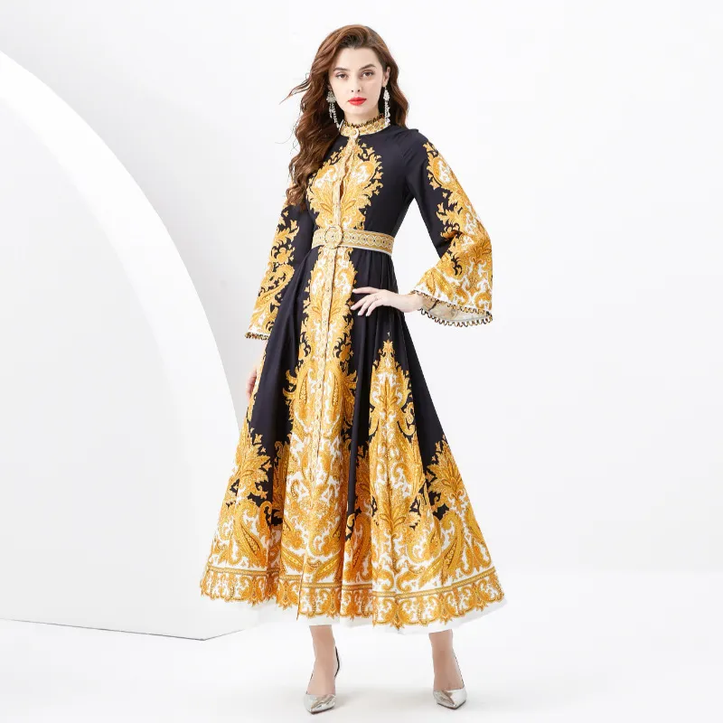 French court style stand up collar, flared sleeves, single placket print, elegant temperament, long lace dress