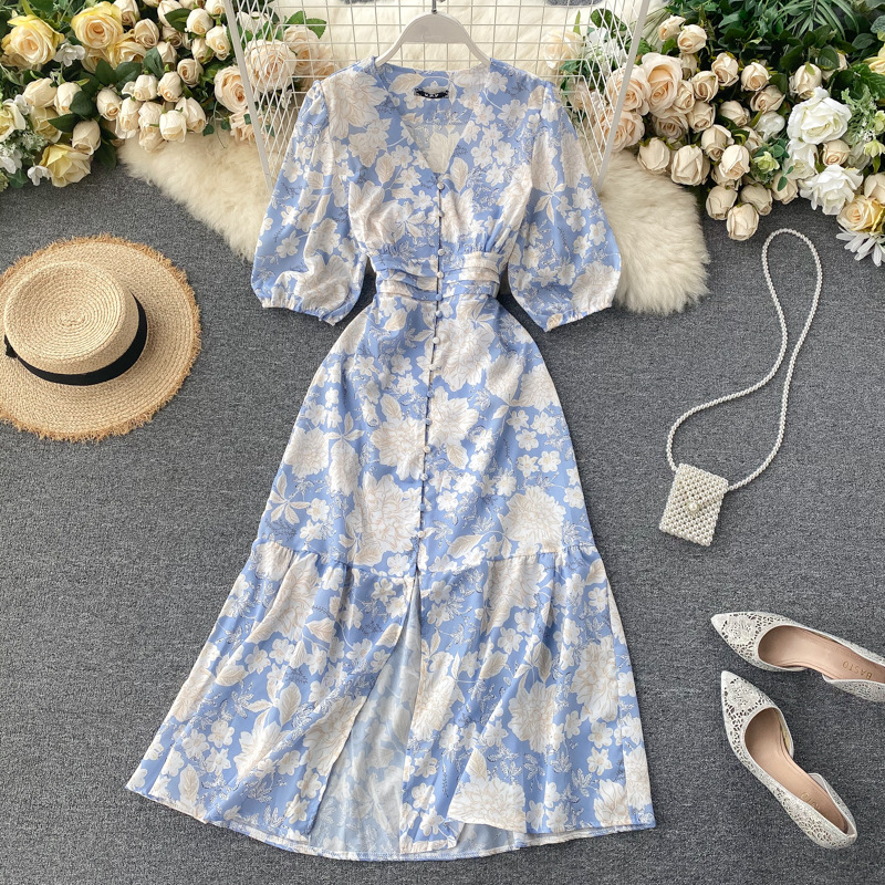 European and American Instagram Holiday Style Printed Sexy V-Neck Button Waist Slimming Dress, Over Knee Split Dress for Women 2020 New Edition