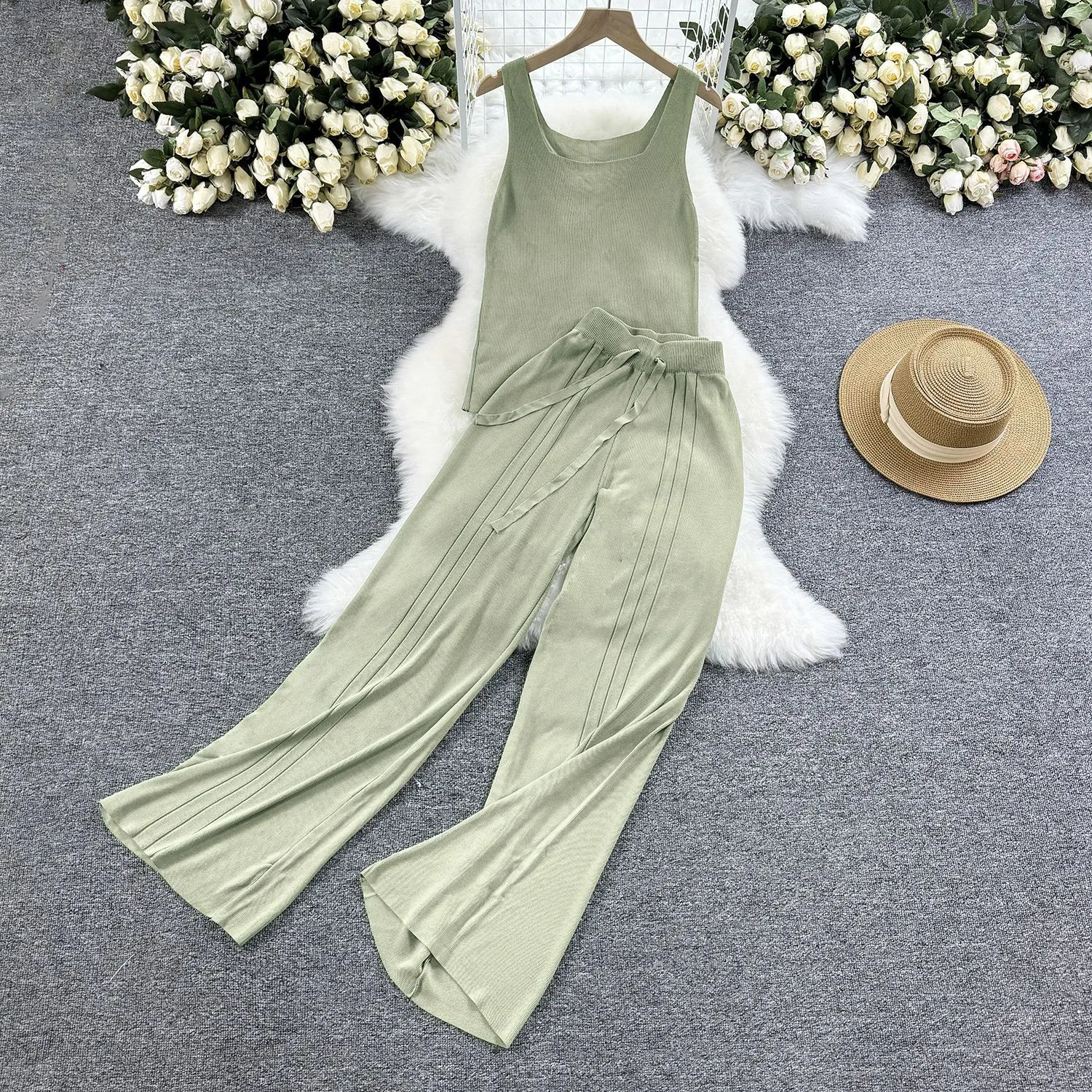 2024 Summer Internet famous ice silk knitted set with sweet and spicy style slim fit vest+straight leg wide leg pants casual two-piece set