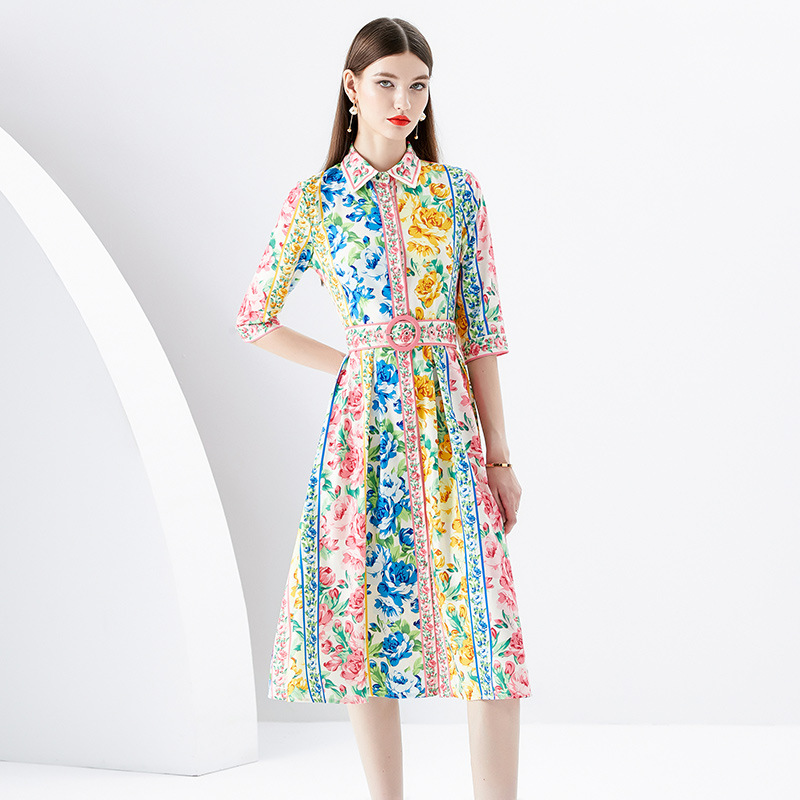 Fanhua Collection 2024 Early Spring New Design Sense Colorblock Printing Slim Fit Mid length Shirt Collar Elegant Dress