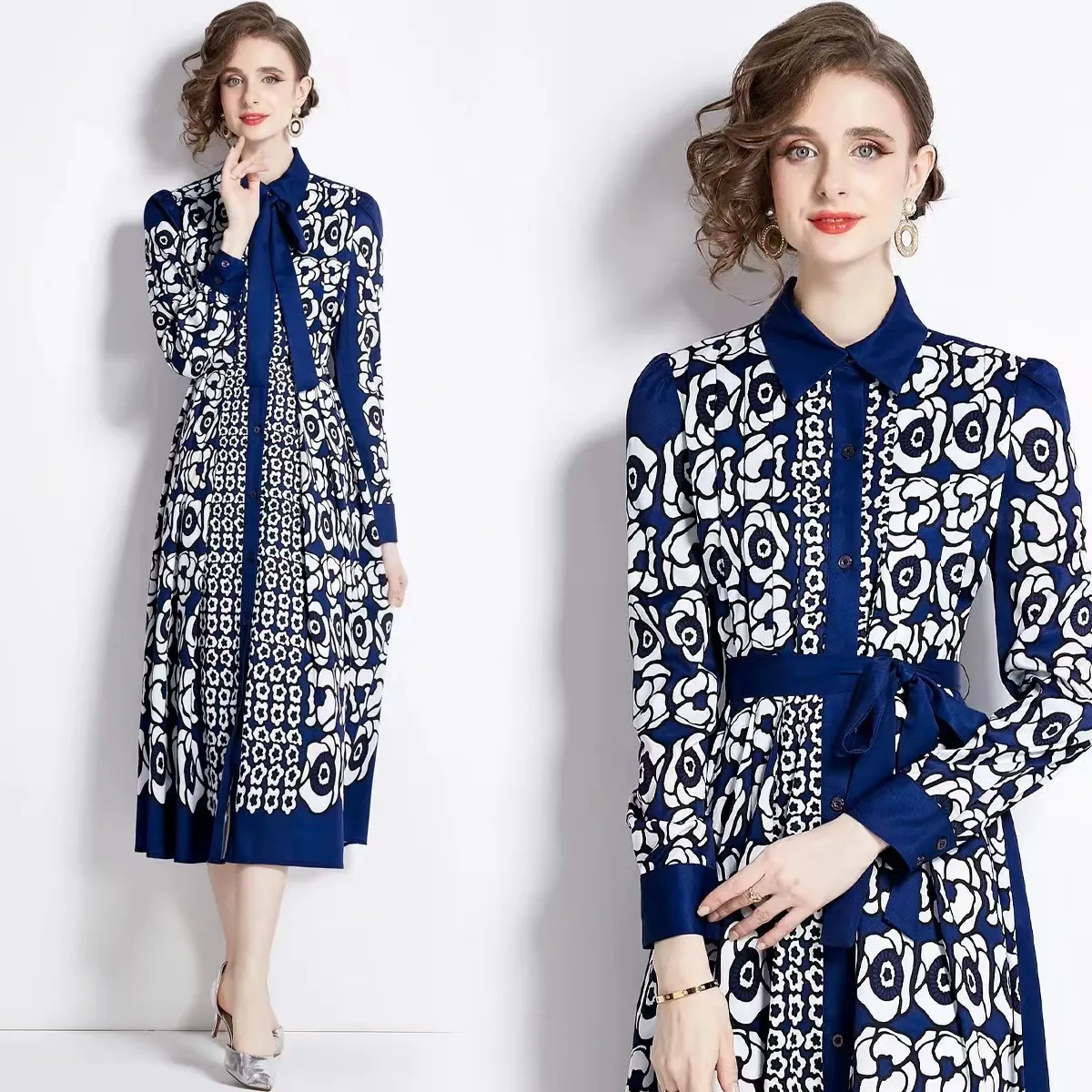 2024 early spring new French socialite style haute couture printed shirt collar long sleeved waist slimming style dress