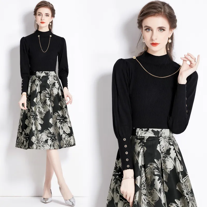 2023 Autumn New Product French Elegant Slim Fit Knitwear+Hepburn Jacquard Retro Large hem Waist Wrap Skirt Set of Two