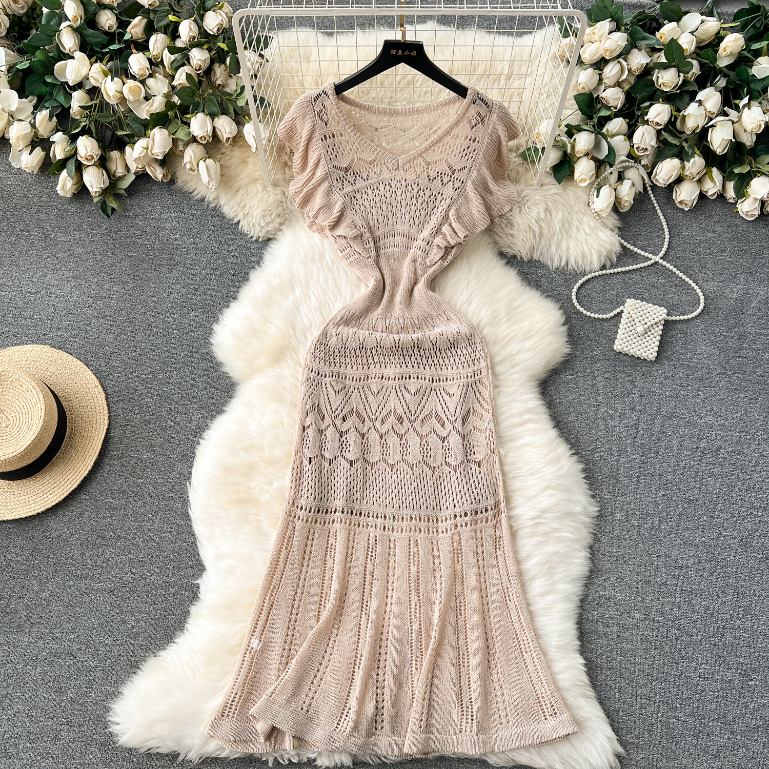 Early spring Korean style dress with sweet flying sleeves design and tie up waist length, heartfelt hollow knit dress