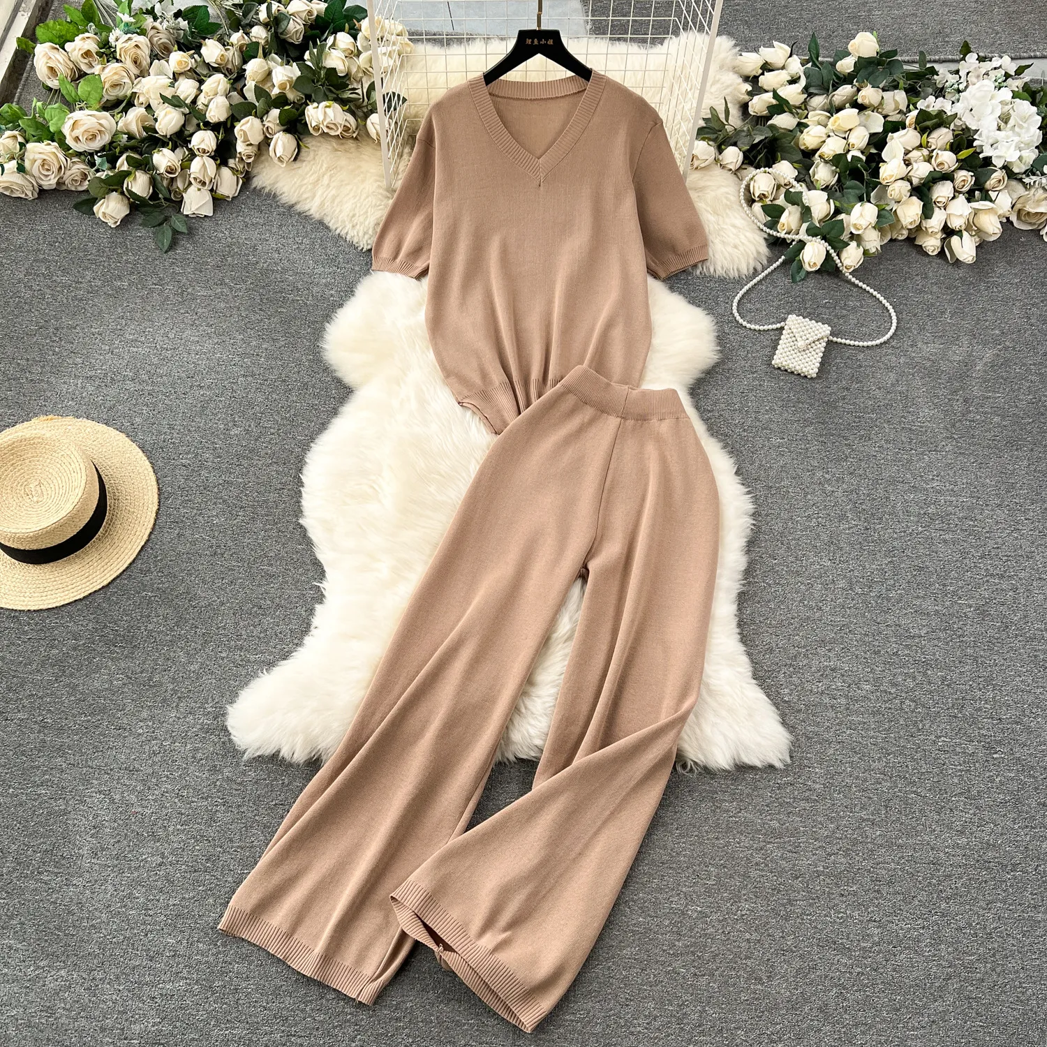 Korean Fashion Set Women's Luxury Loose Short sleeved Knitted Top+High Waist Wide Leg Casual Pants Two piece Set